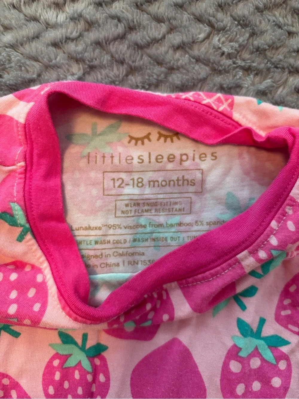 EUC Little Sleepies Pink Strawberry Print Kids Pajama Set. 12-18 Months.